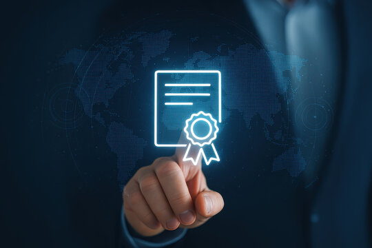 Professional development and career growth are symbolized by digital certificate icon glowing on virtual screen, representing achievement and success in modern workplace environment