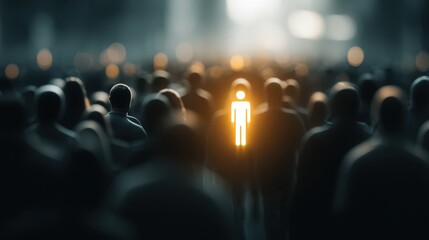 Fototapeta premium A glowing figure stands out brightly within a dark, blurred crowd, symbolizing individuality and uniqueness in a sea of conformity.