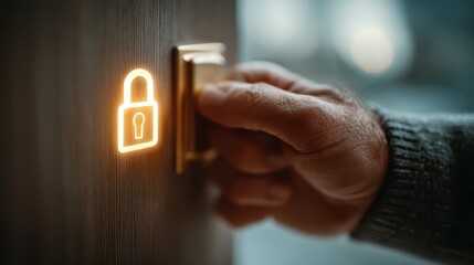 A person is turning a door handle with a glowing padlock icon symbolizing security and access control.