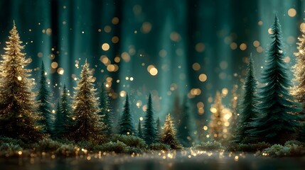 A beautiful Christmas background features festive evergreen trees sparkling with warm golden lights creating a magical winter forest scene.