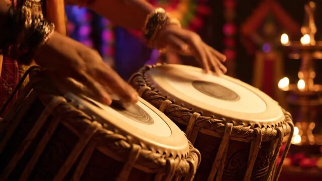 Playing Traditional Indian Tabla Drums at Ceremony with Candles