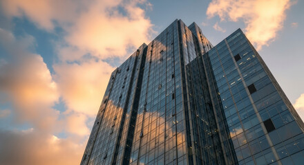 Contemporary Glass Skyscraper Reflecting Sunset Cloudscape Modern Architecture Exterior Design with Geometric Facade Azure Sky and Soft Golden Light Urban Scene