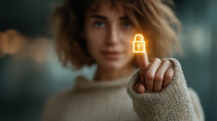 A person with curly hair in a beige sweater touches a glowing digital padlock icon, symbolizing security and data protection.