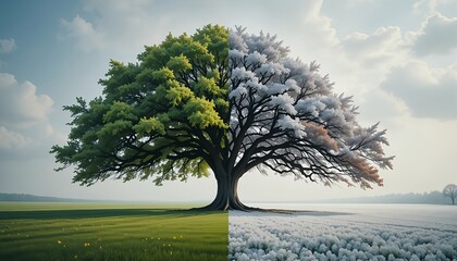 Majestic oak tree in vast field showing four seasons blended together—spring, summer, autumn, and winter—symbolic landscape of strength and endurance
