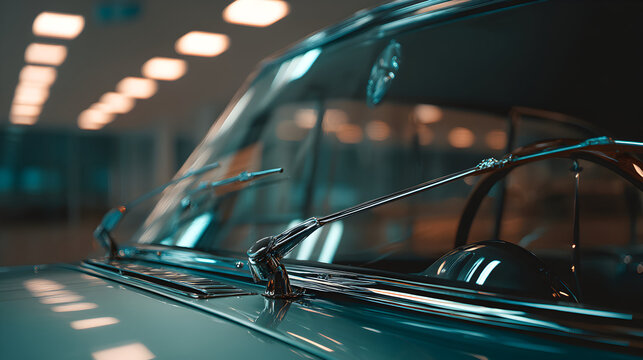 A vintage car's windshield is shown inside a dimly lit garage.