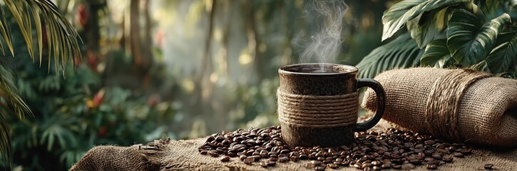 Advertise for coffee beans capturing the rich, aromatic scent of freshly brewed coffee on a peaceful morning