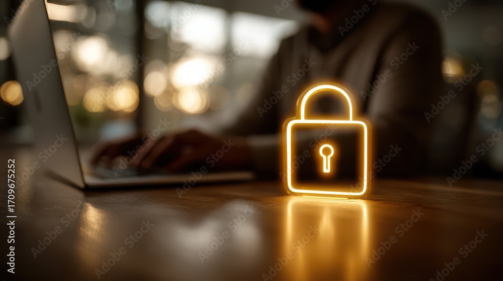 Poster a person working on a laptop with a glowing digital padlock symbolizing online security and data pro