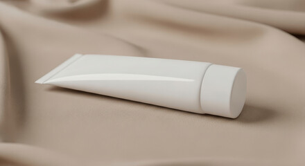 White Tube on Beige Silk Fabric with Sparkling Powder Cosmetic Container Mockup for Lotion Sunscreen or Cream Blank Packaging for Beauty Product