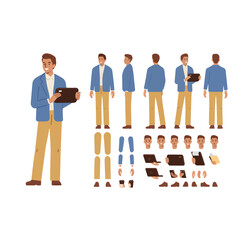 Fashionable business man holding tablet. Character constructor for animation. Front, side and back view set. Body parts, postures, poses collection. Vector illustration. 