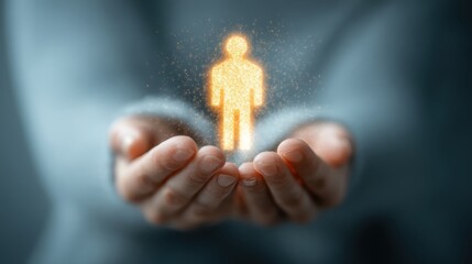 A glowing, digital human figure floats above open hands, symbolizing care, support, and digital connection.