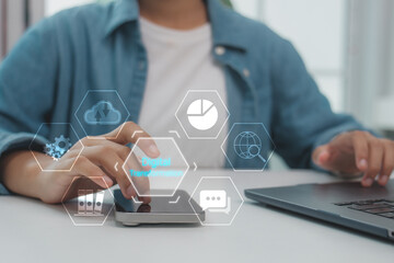 Businessman using smartphone with digital transformation icons, cloud computing, data analytics, and global technology for innovation and business growth.