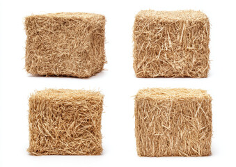 Four square bales of light beige straw, isolated on white
