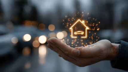 A hand holds a glowing holographic icon of a house with a car inside, symbolizing smart home or car insurance in a blurred urban background.