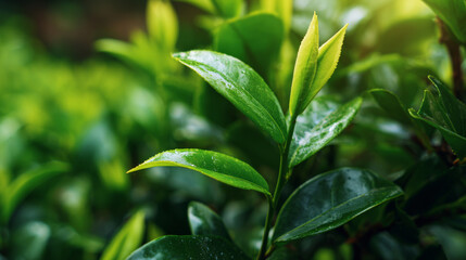 Obraz premium Tea leaf plant with fresh green leaves in natural sunlight, showing vibrant growth and healthy foliage