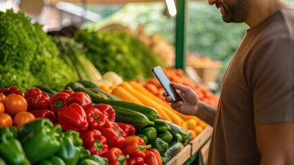 A man checks his phone while browsing fresh vegetables at a market stall, surrounded by an array of colorful produce.