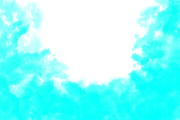 An abstract background of vibrant cyan watercolor clouds framing a bright white central opening.