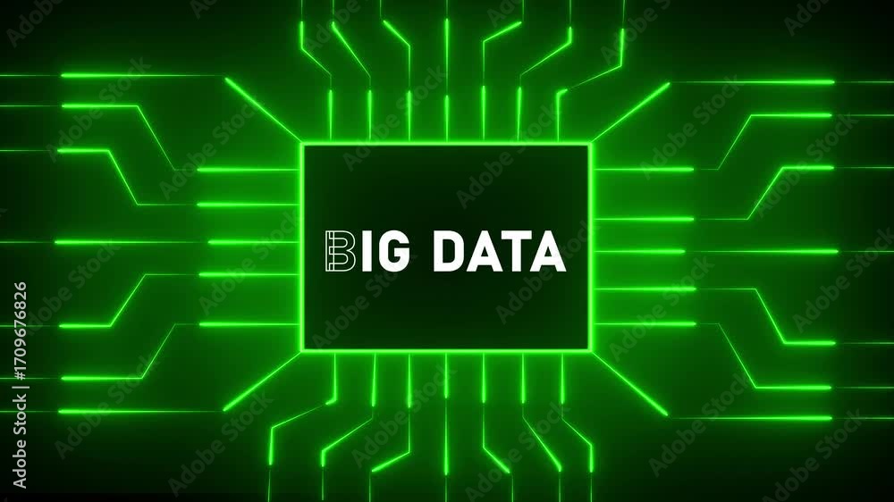 Poster glowing green big data circuit board abstract background with text technology information