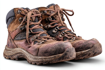 A pair of used hiking boots.  Muddy brown leather, dark grey accents, laced tightly.  Visible wear and tear.  Isolated on white