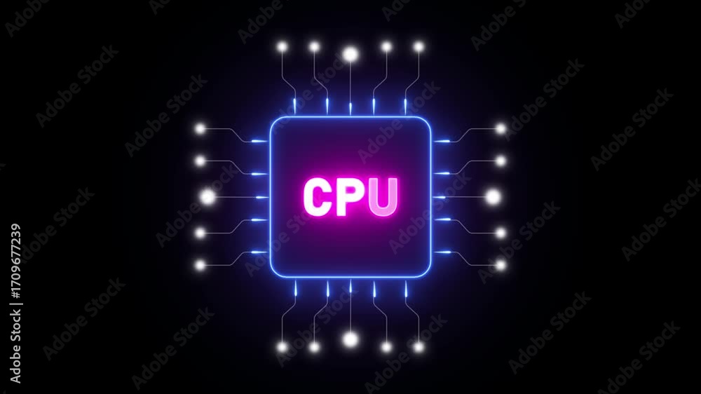 Poster neon blue and purple cpu chip abstract background with glowing lights processor computer