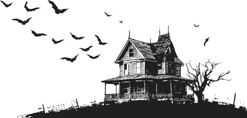 Obraz premium Vintage haunted house with flying bats, spooky black and white Halloween illustration in engraving style.