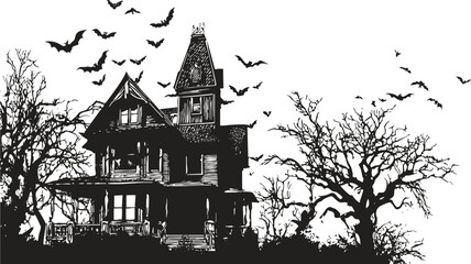Gothic haunted mansion with flying bats and spooky trees, vintage Halloween sketch pencil illustration in black.