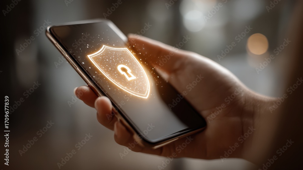 Poster a hand holding a smartphone displays a glowing shield with a keyhole, symbolizing mobile security an