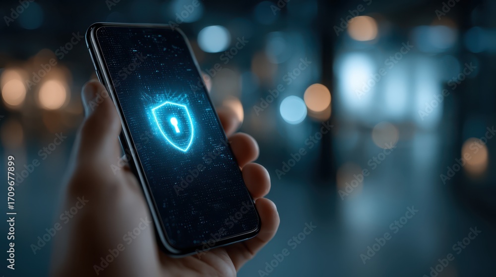 Poster a hand holds a smartphone displaying a glowing shield icon, symbolizing digital security and data pr
