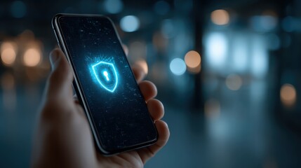 A hand holds a smartphone displaying a glowing shield icon, symbolizing digital security and data protection in a blurred, modern setting.