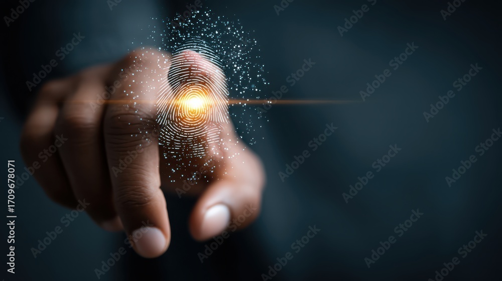 Poster a hand is pressing a glowing fingerprint scanner, symbolizing biometric security and digital identit