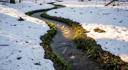 Small stream flowing through a snowy forest on a sunny winter day