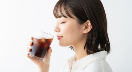 アイスコーヒーを飲む若い女性