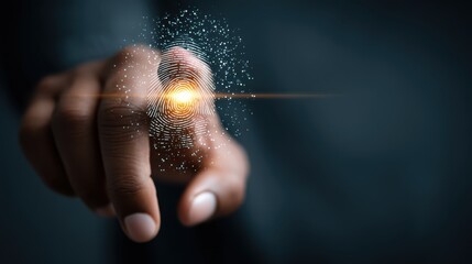 A hand is pressing a glowing fingerprint scanner, symbolizing biometric security and digital identity verification.