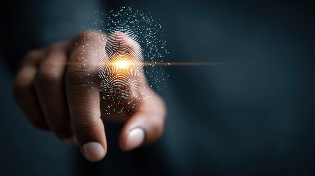 A hand is pressing a glowing fingerprint scanner, symbolizing biometric security and digital identity verification.