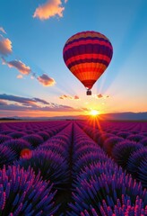 Fototapeta premium Hot air balloons drift serenely above a breathtaking lavender field at sunset, casting long shadows across the vibrant purple landscape, summer, colors, purple flowers