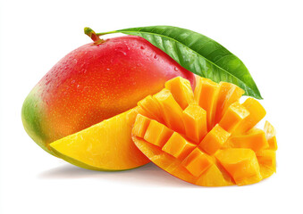 Juicy mango segments with leaves.  A whole, vibrant red and yellow mango rests beside a section of diced mango.  Fresh, tropical fruit with bright green leaves