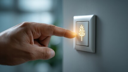 A hand presses a light switch with an illuminated icon of a wheat stalk, symbolizing energy or sustainability.