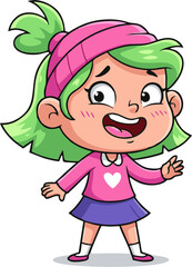 Cartoon Girl with Green Hair, Pink Hat, and Heart Shirt, Smiling