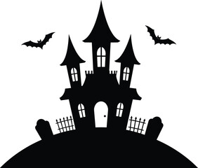 Spooky haunted house silhouette with bats flying, graveyard tombstones, eerie Halloween scene, dark gothic atmosphere, creepy night vector design
