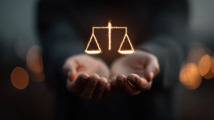 Two hands gently holding a glowing, suspended scale symbolizing justice and balance against a dark blurred background.