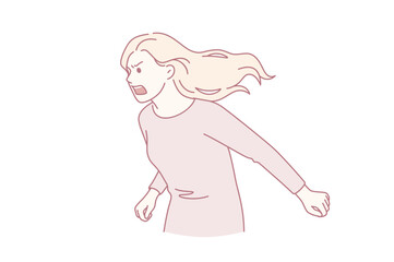 Feeling angry and aggressive concept. Young angry rage furious woman cartoon character standing shouting screaming feeling aggression vector illustration