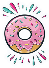 Classic cartoon style sticker of a plump, round donut with glossy pink icing and a shower of colorful sprinkles, all surrounded by bold black outlines, vibrant colors, and a shiny, freshly glazed fini