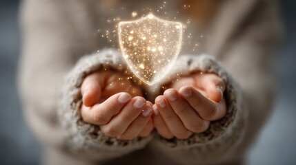 Hands gently holding a glowing, digital shield symbolizing protection and security.