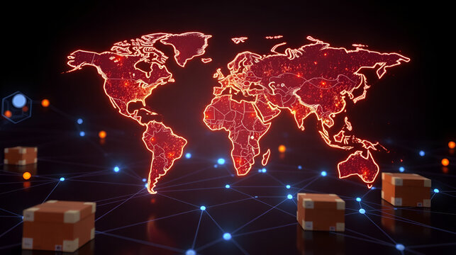 Global logistics network concept with illuminated world map and cargo boxes, symbolizing international trade and supply chain management - Powered by Adobe