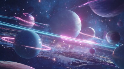 Private futuristic observatory terrace with wealthy guests stargazing through holographic telescopes, neon planets projected in sky, luxurious cosmic experience.