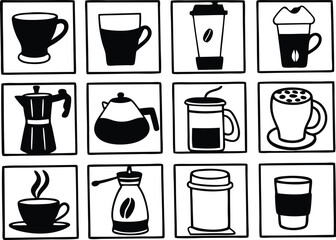 Coffee Icons Set – Beans, Cups, Makers, Grinder, Packaging, Brewing Illustrations