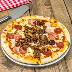 Round pizza with various toppings on a wooden table