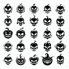 A collection of 25 Halloween pumpkin silhouettes in various spooky vector designs, featuring carved faces, scary expressions, and festive seasonal themes