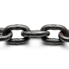 Obraz premium Close-up of a weathered metal chain against a white background. A section of dark, rusted chain links are tightly connected, horizontal and centered