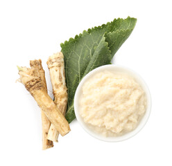 Tasty horseradish sauce in bowl, roots and leaf isolated on white, top view