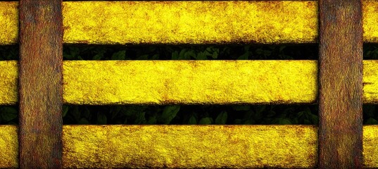 Textured, horizontal yellow wooden slats with dark brown supports